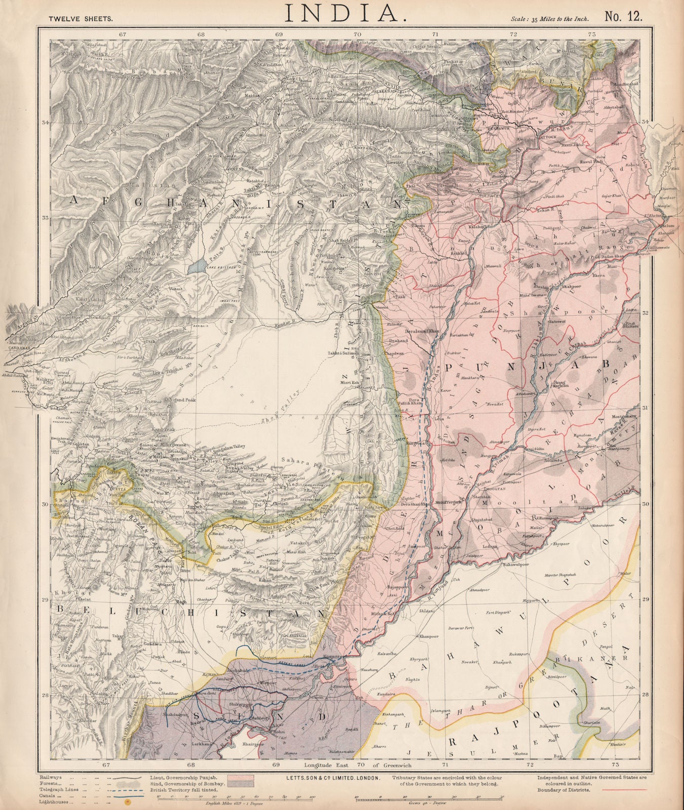 PAKISTAN & AFGHANISTAN. Punjab Beluchistan Sinde. British India. LETTS 1889 map